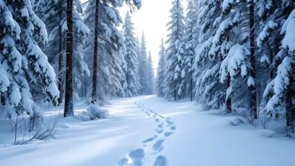 Fototapeta premium Floresta boreal coberta por neve, com pinheiros altos - 04
