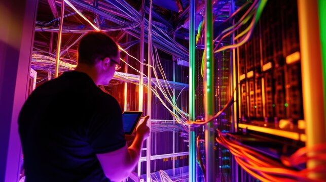 Technician managing vibrant data center cables ensures efficient network performance, optimizing server infrastructure for enhanced digital connectivity solutions.