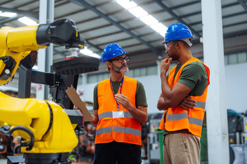 Engineers discussing maintenance of robotic arm in factory