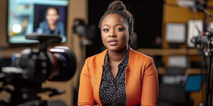 Confident woman in a professional setting, sitting in front of cameras and lights, ready for an interview or broadcast. Modern workplace and media concept.
