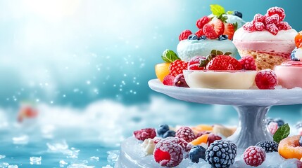 Obraz premium Frozen Fruit and Yogurt Summer Desserts on a Cake Stand