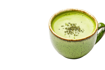 A beautifully crafted green tea latte in a ceramic cup on a minimalist white background