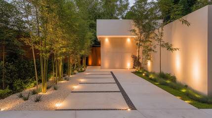 Modern Minimalist Home Exterior: A serene and inviting entrance to a modern home, featuring a minimalist design with sleek lines, warm lighting, and a lush green backdrop.