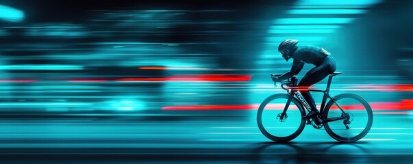 Fototapeta premium Dynamic cyclist racing through neon-lit city streets at night.