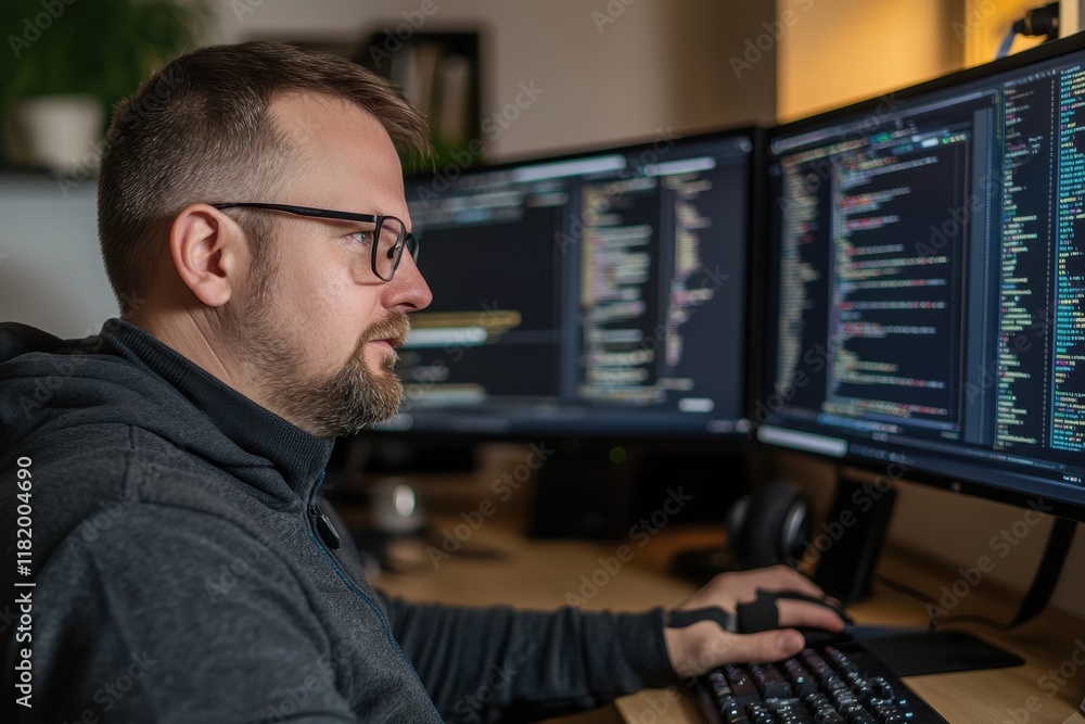Poster man programming on multiple monitors in modern workspace during evening hours
