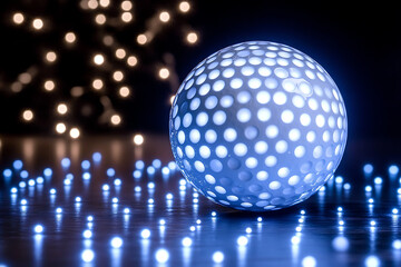 Glowing wireframe a white golf ball with a dimpled surface on a transparent background, highlighted by a combination of blue and black data points.