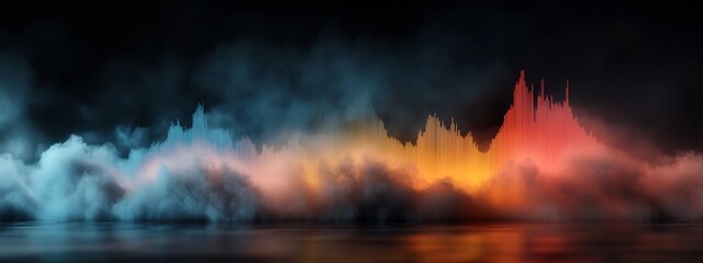 Stunning 3D rendered visualization of a spectrogram showcasing the frequency content and dynamics of natural sound phenomena like rainfall or thunder  The image features a vibrant