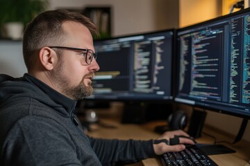 Man programming on multiple monitors in modern workspace during evening hours
