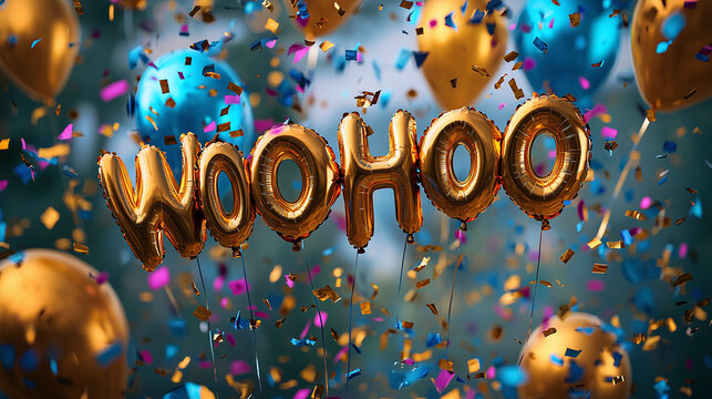 Card wishes celebration, foil golden balloons: woohoo - Colorful flying confetti.