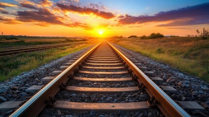 Sunset Train Tracks Under Colorful Sky