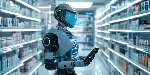 Fototapeta premium A humanoid robot standing in a futuristic pharmacy aisle, holding a device while surrounded by shelves filled with various pharmaceutical products.