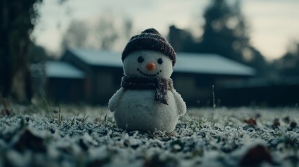 Obraz premium Frosty Winter Scene with Small Knit Snowman Toy