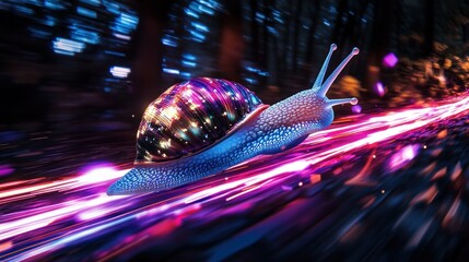 A colorful snail racing through a vibrant, abstract forest landscape.