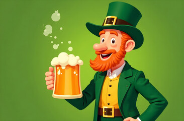 illustration of a bearded man celebrating St. Patrick's Day with a pint of beer