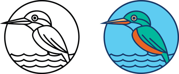 Naklejka premium Kingfisher Bird Line Art, Water, Outline, Design, Illustration, Logo, Icon, Graphic, Nature
