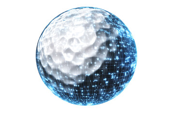 Glowing wireframe a white golf ball with a dimpled surface on a transparent background, highlighted by a combination of blue and black data points.
