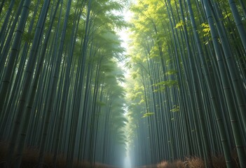 Corridor of tall bamboos in a peaceful forest