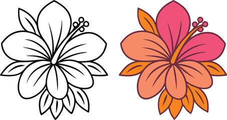 Hibiscus Flower Coloring Page Outline and Colored Versions