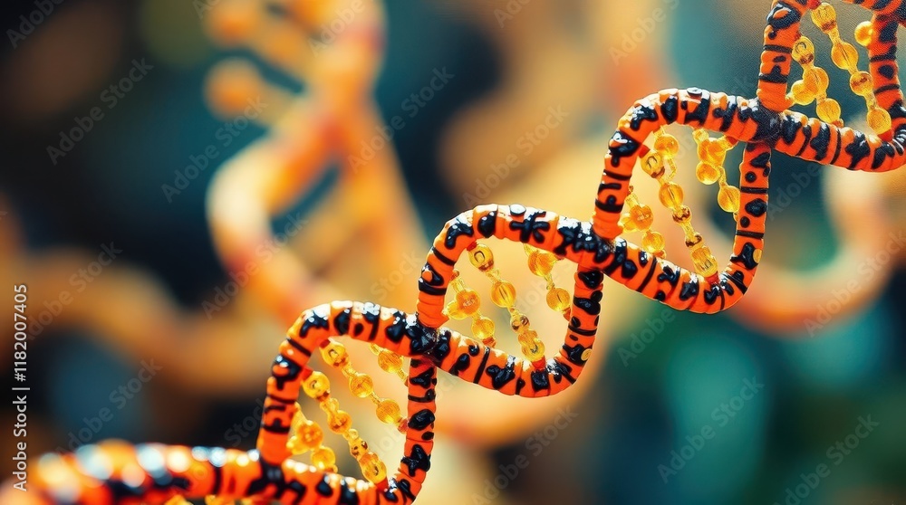 Poster a vibrant close-up of a dna helix, showcasing intricate patterns and colors, symbolizing the complex
