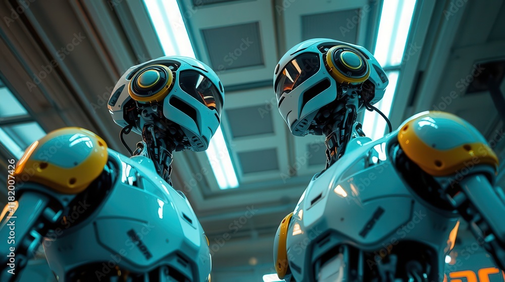 Poster two futuristic robots face each other in a high-tech environment, featuring sleek designs and glowin