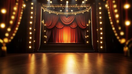 Illuminated stage, red curtains, dark theater, spotlight, performance backdrop.