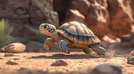 Fototapeta premium A realistic turtle running across a sandy landscape with rocks and vegetation.