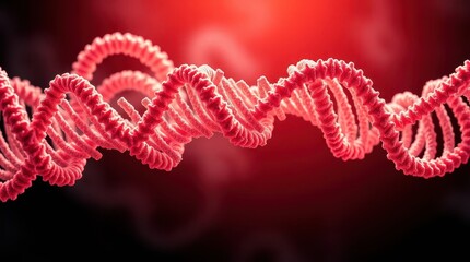 Fototapeta premium A vibrant depiction of a DNA strand, showcasing its helical structure against a glowing red background, symbolizing genetic research.