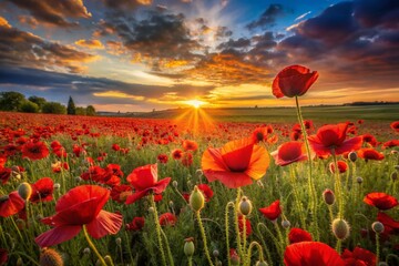 Fototapeta premium Remembrance Poppy Field Landscape Photography - Autumn Sunset