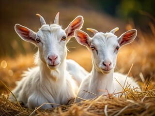 Fototapeta premium Resting White Goats: Macro Photography of Two Goats on Dry Grass