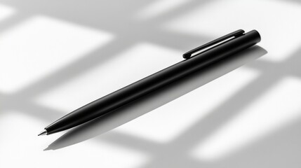 A sleek black pen placed on a white surface, creating soft shadows for a minimalist aesthetic.