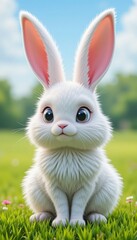 Obraz premium Cute white cartoon rabbit in grass field with spring feel