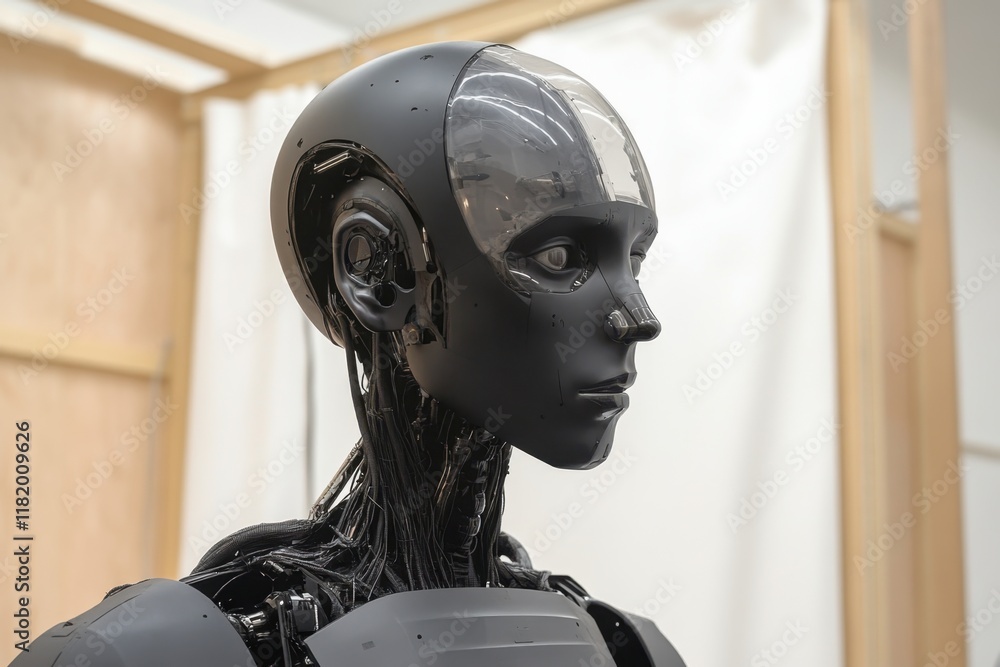 Poster cutting-edge humanoid robot showcasing advanced design and engineering in a modern exhibit space