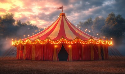 A vibrant circus tent illuminated by lights, set against a misty backdrop at sunset.