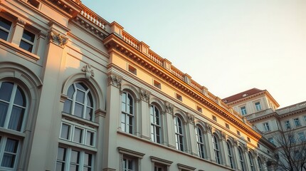 Fototapeta premium A historic building with ornate architecture, bathed in warm sunlight, showcasing intricate details and a grand facade.