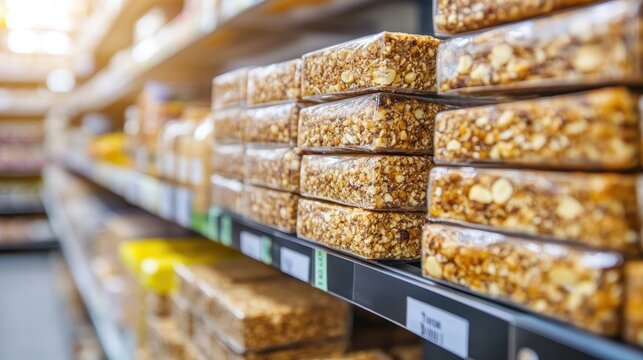 Close-Up of Healthy Snack Bars on Store Shelf