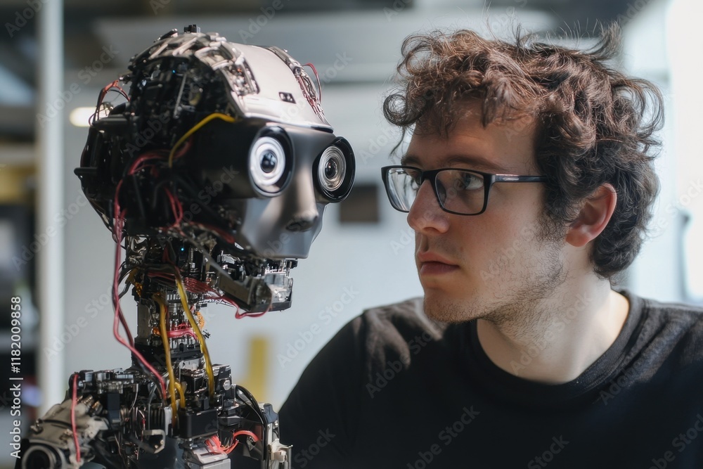 Poster robotic interaction between a young man and a humanoid robot in a tech workspace