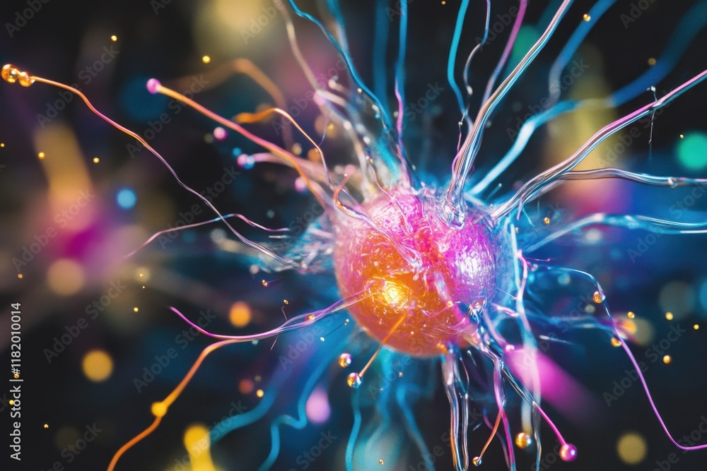 Poster colorful representation of a cell with flowing neurons and glowing particles in a dark background