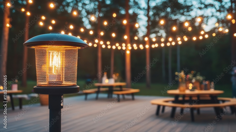 Poster cozy outdoor setting with lamp and string lights at dusk.
