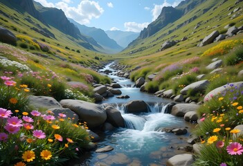 Stream in a flowery valley, with clear waters flowing - 02