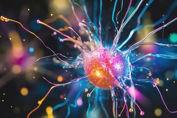 Colorful representation of a cell with flowing neurons and glowing particles in a dark background