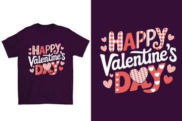 Stylish t-shirt design featuring a gingham heart and cheerful 'Happy Valentine's Day' text surrounded by small hearts, perfect for celebrating the romantic holiday