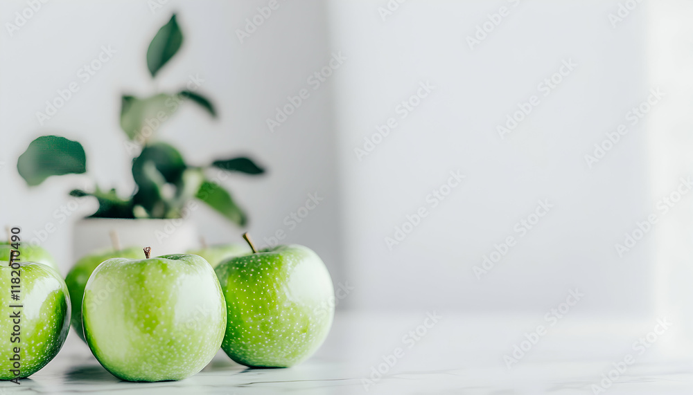 Poster fresh green apples arranged on a table with a small potted plant in the background, creating a clean