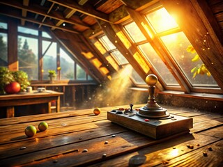 Retro Gaming Landscape: Vintage Joystick in a Dusty Attic with Sunlight Streaming Through a Window