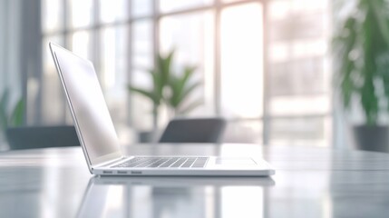A sleek laptop rests on a table in a modern office environment with natural light.