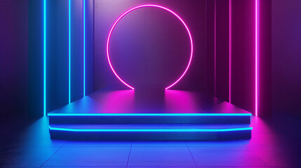 Futuristic Neon Stage with Glowing Circular Design - Perfect for Tech Events and Product Launches