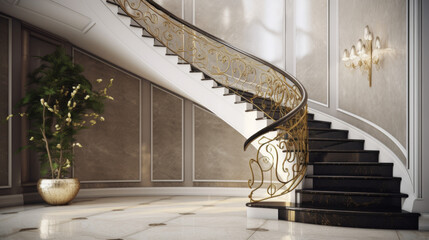 An elegant entryway featuring a grand curved staircase with a dark wood banister and gold railings. 