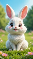 Obraz premium Cute white cartoon rabbit in grass field with spring feel