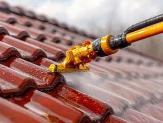 Cleaning the roof with a high-pressure water spray gun.