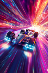 A futuristic racing car speeds through a vibrant, colorful light tunnel.