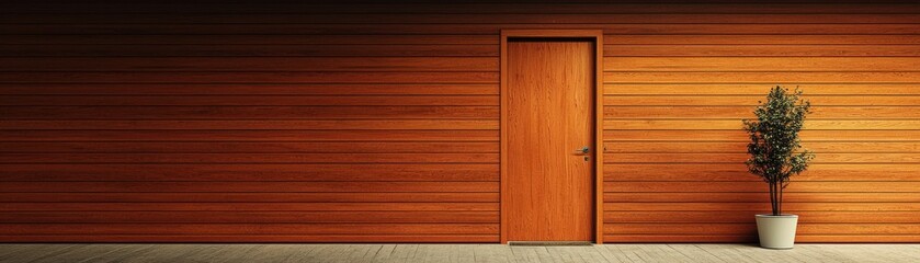 Fototapeta premium Stylish wooden wall with a door and potted plant in sunlight.